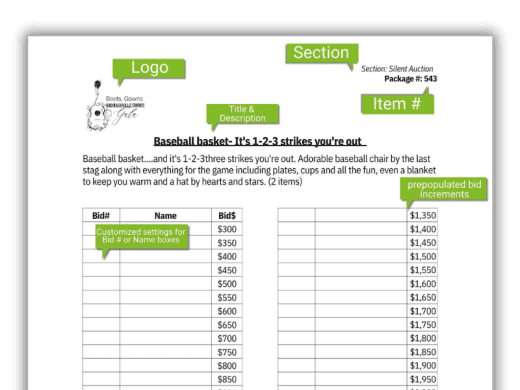 Silent Auction Basket Bid Sheet