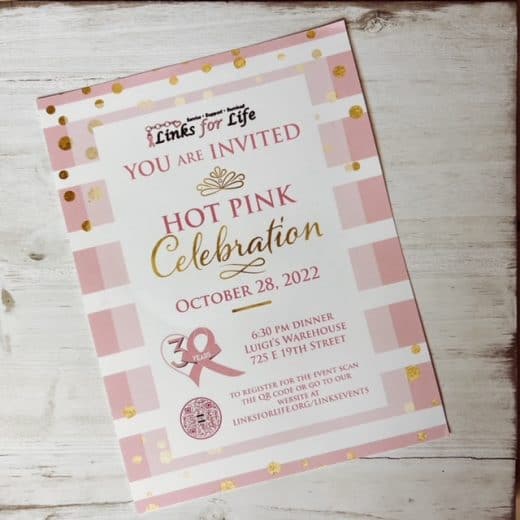QR code on invite for Links for Life Hot Pink Celebration