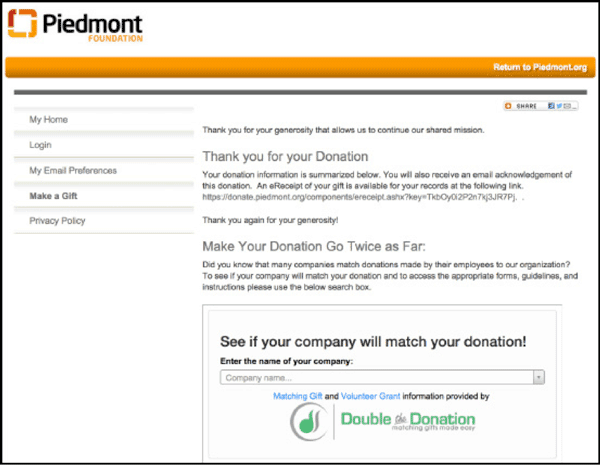 Piedmont Healthcare Foundation Confirmation Page